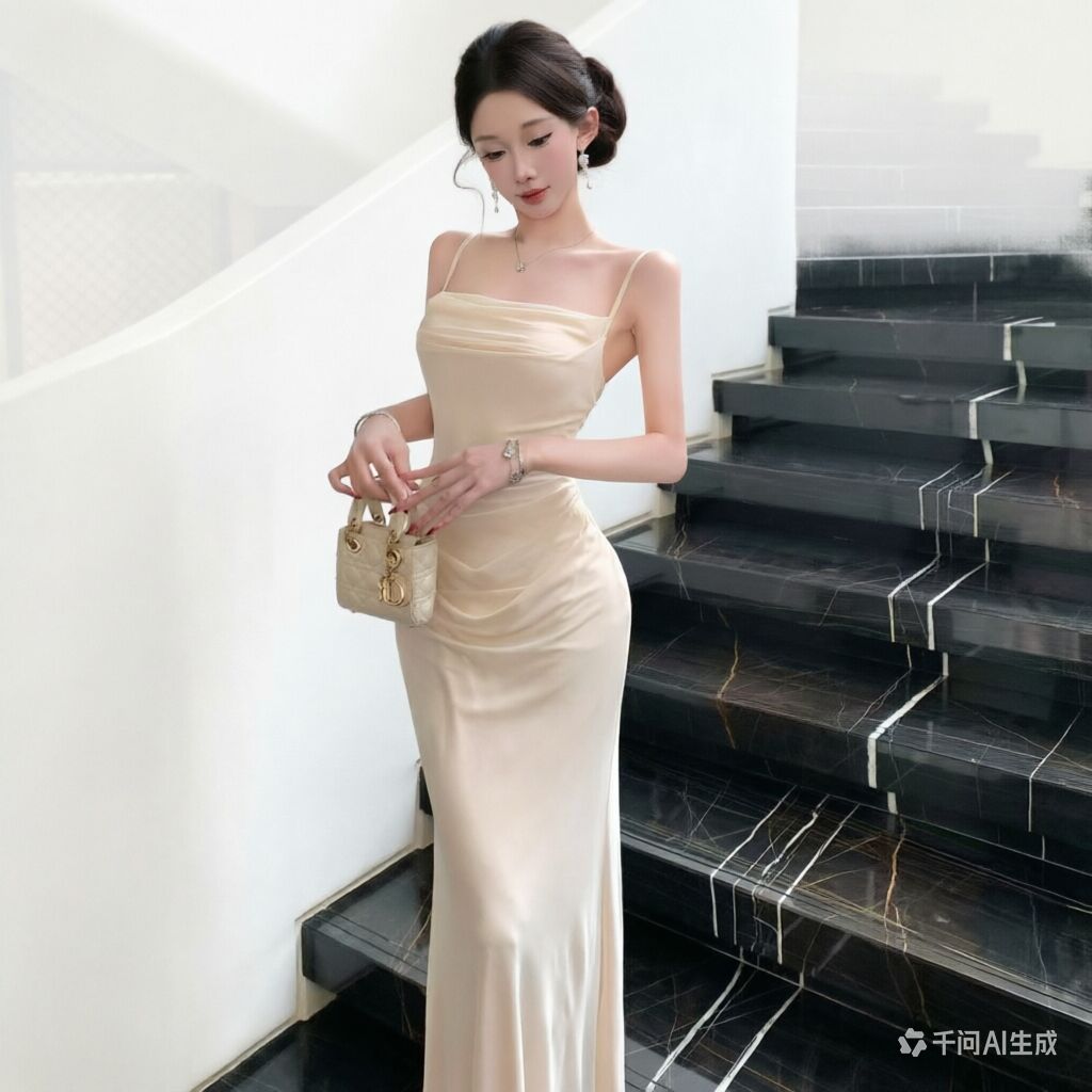 Women Formal Wear Xxl - Elegancka beżowa sukienka na ramiączkach z