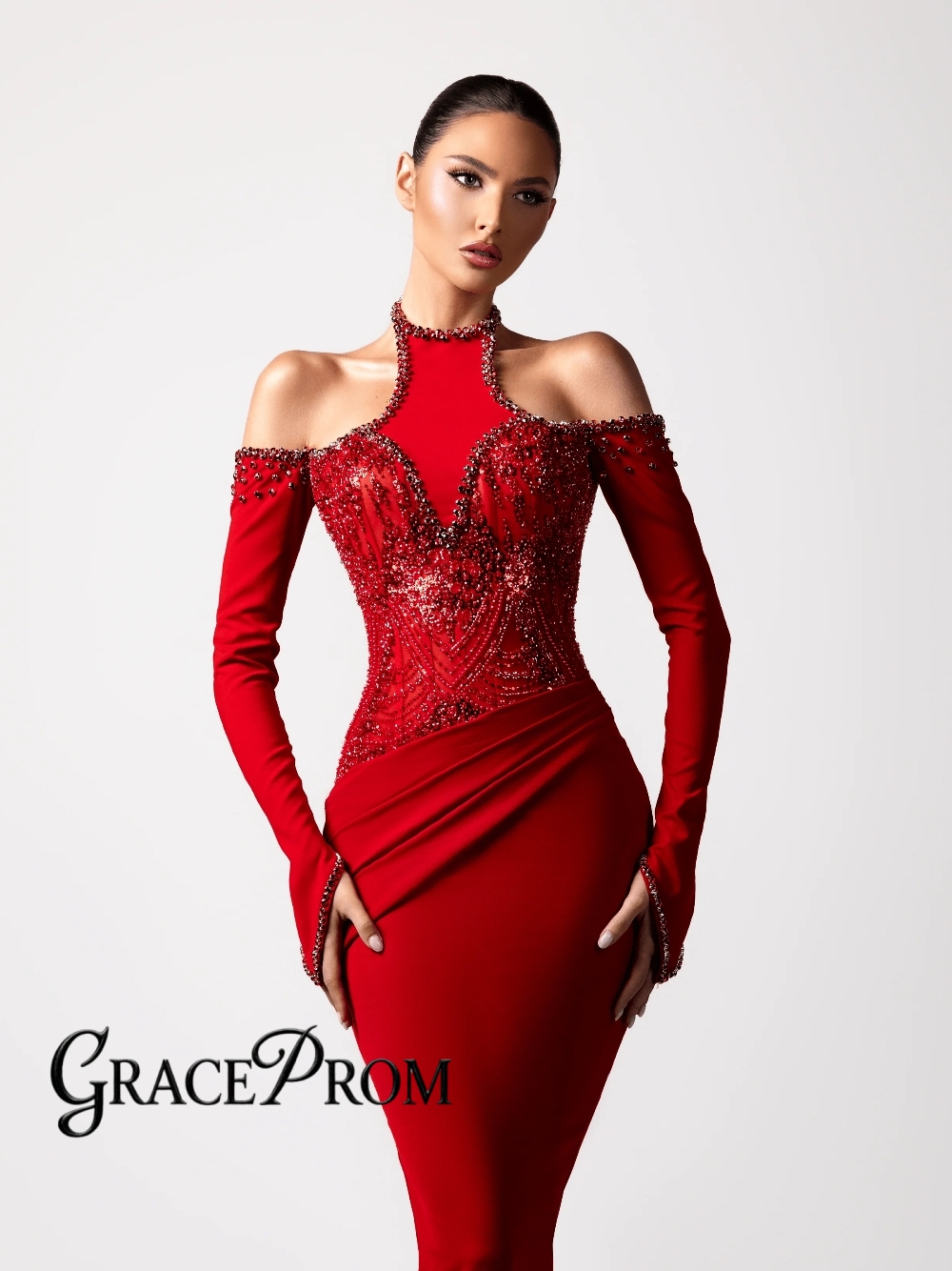 Formal Gala Wear Women - Czerwona, seksowna sukienka wieczorowa typu halter,