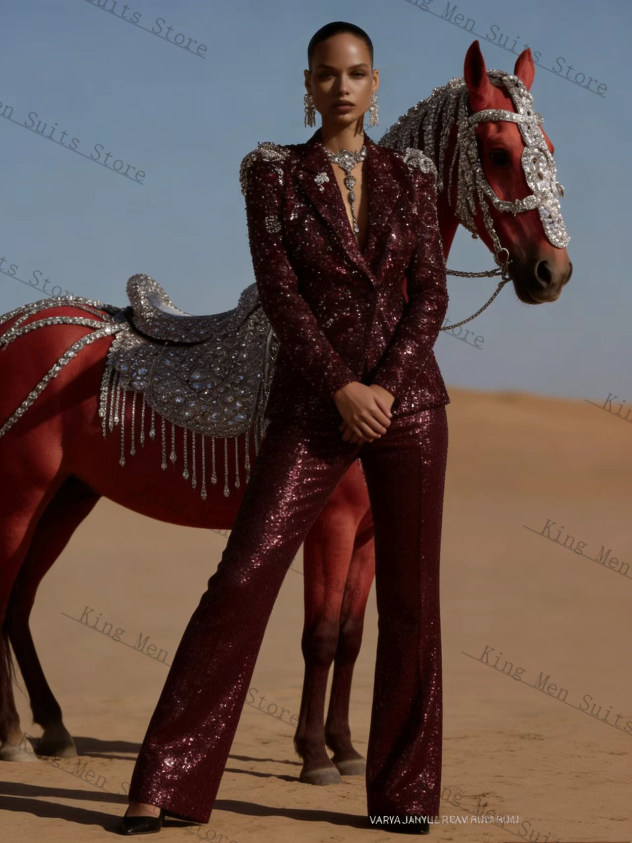 Women'S Formal Wear For Wedding Guest - Burgundowy Błyszczący Damski Garnitur 2-częściowy: Marynarka