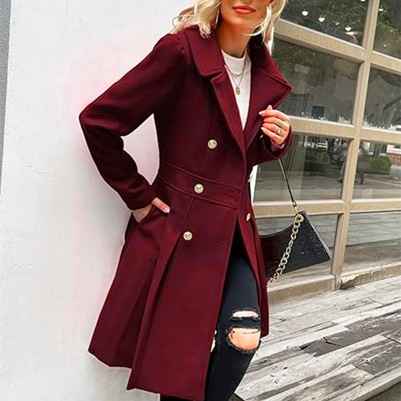 Trench Coat Formal - Zimowy wełniany damski trencz Spódnica Dwurzędowa