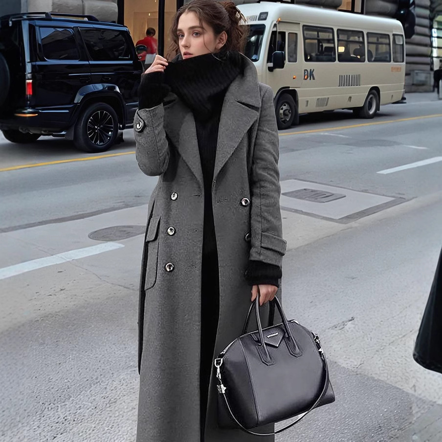 Trench Coat Formal - Długi płaszcz wełniany dwurzędowy z kołnierzem,
