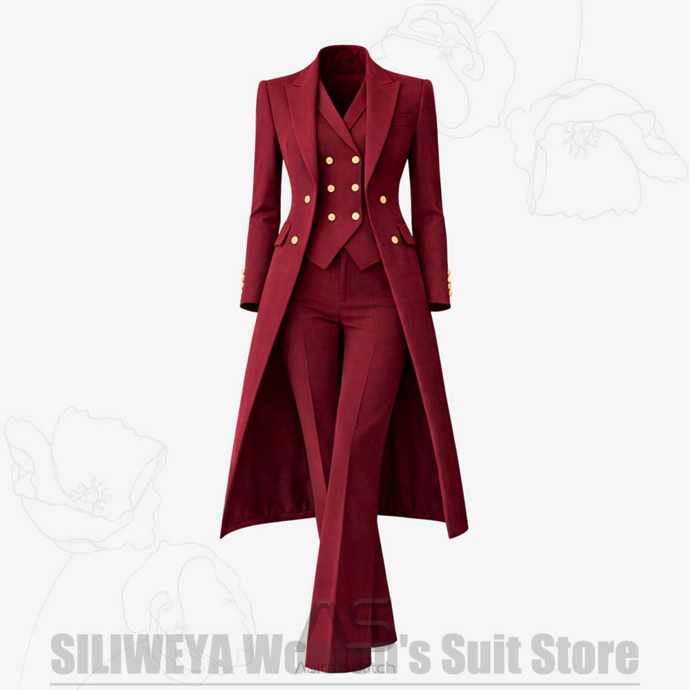 Women'S Formal Wear Pants - Damski garnitur 3-częściowy dwurzędowy długi płaszcz
