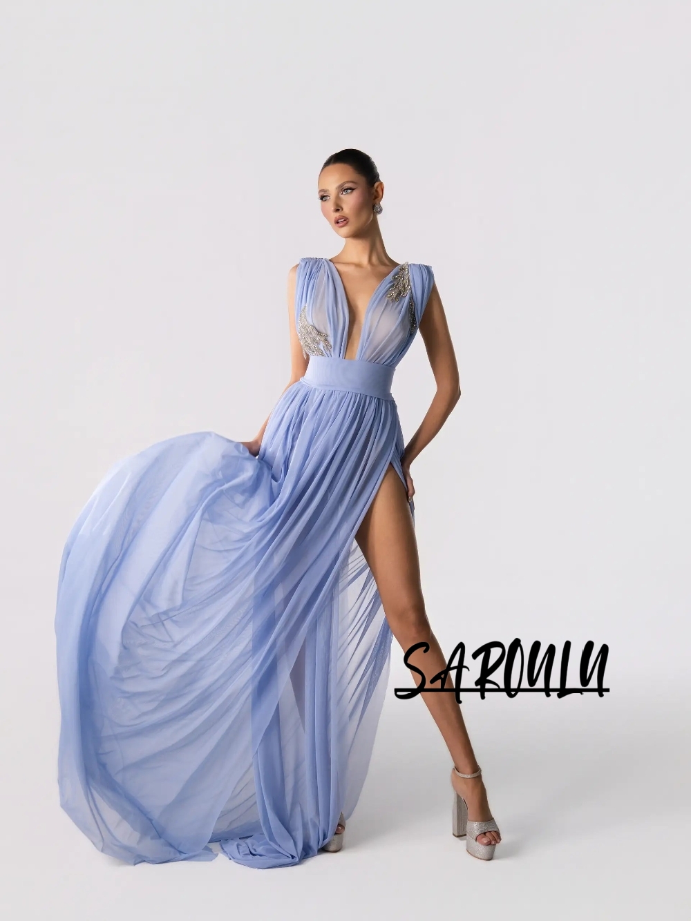 Formal Gala Wear Women - Jasnoniebieska, seksowna suknia wieczorowa z głębokim