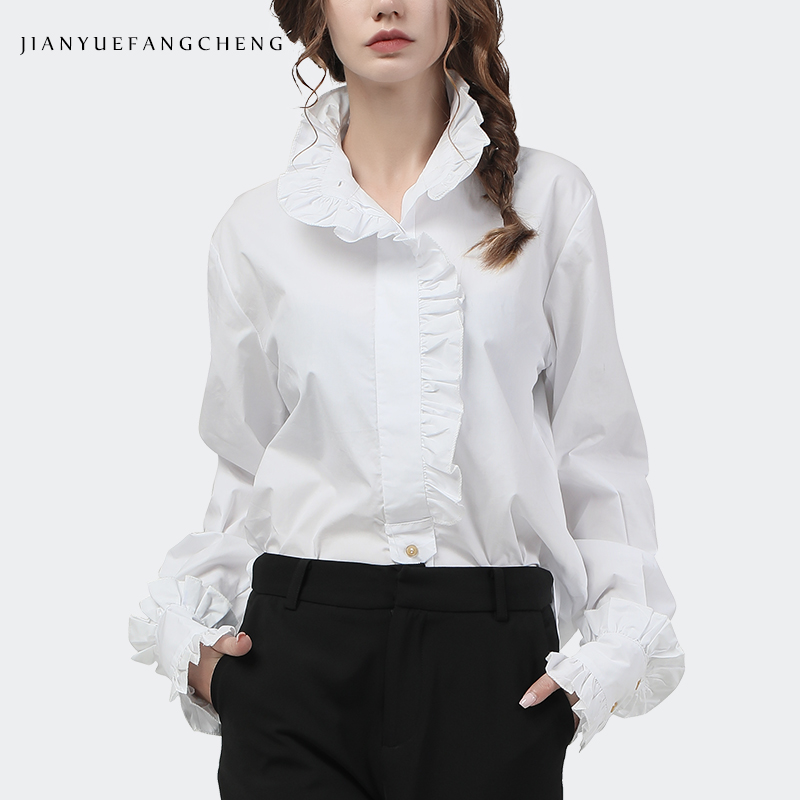 Women Formal Office Wear Tops - Eleganckie falbany damskie białe bawełniane koszule