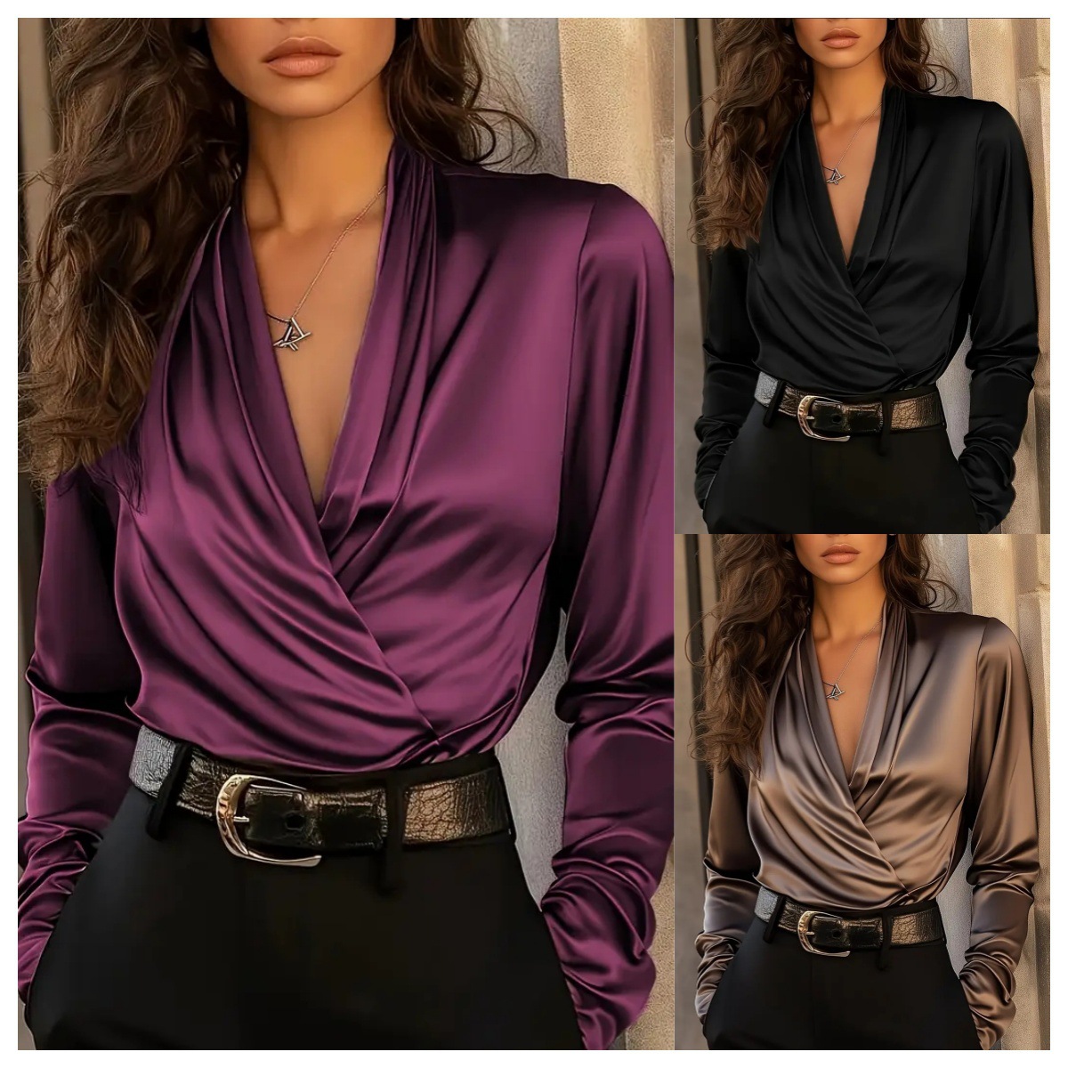 Damska satynowa bluzka z dekol – Women Formal Office Wear Tops recenzja i cena