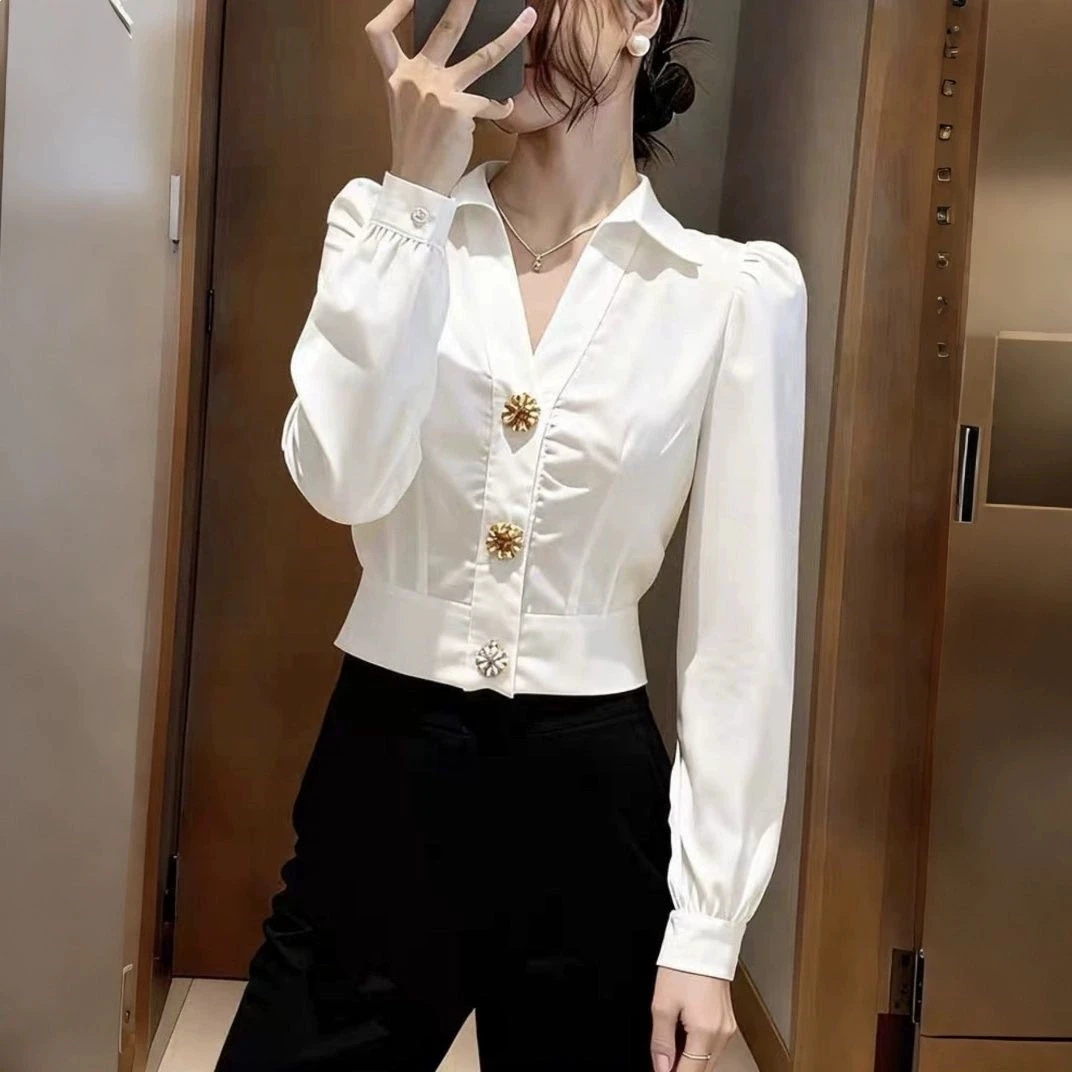 Elegancka biała bluzka z dekol – Women Formal Office Wear Tops recenzja i cena